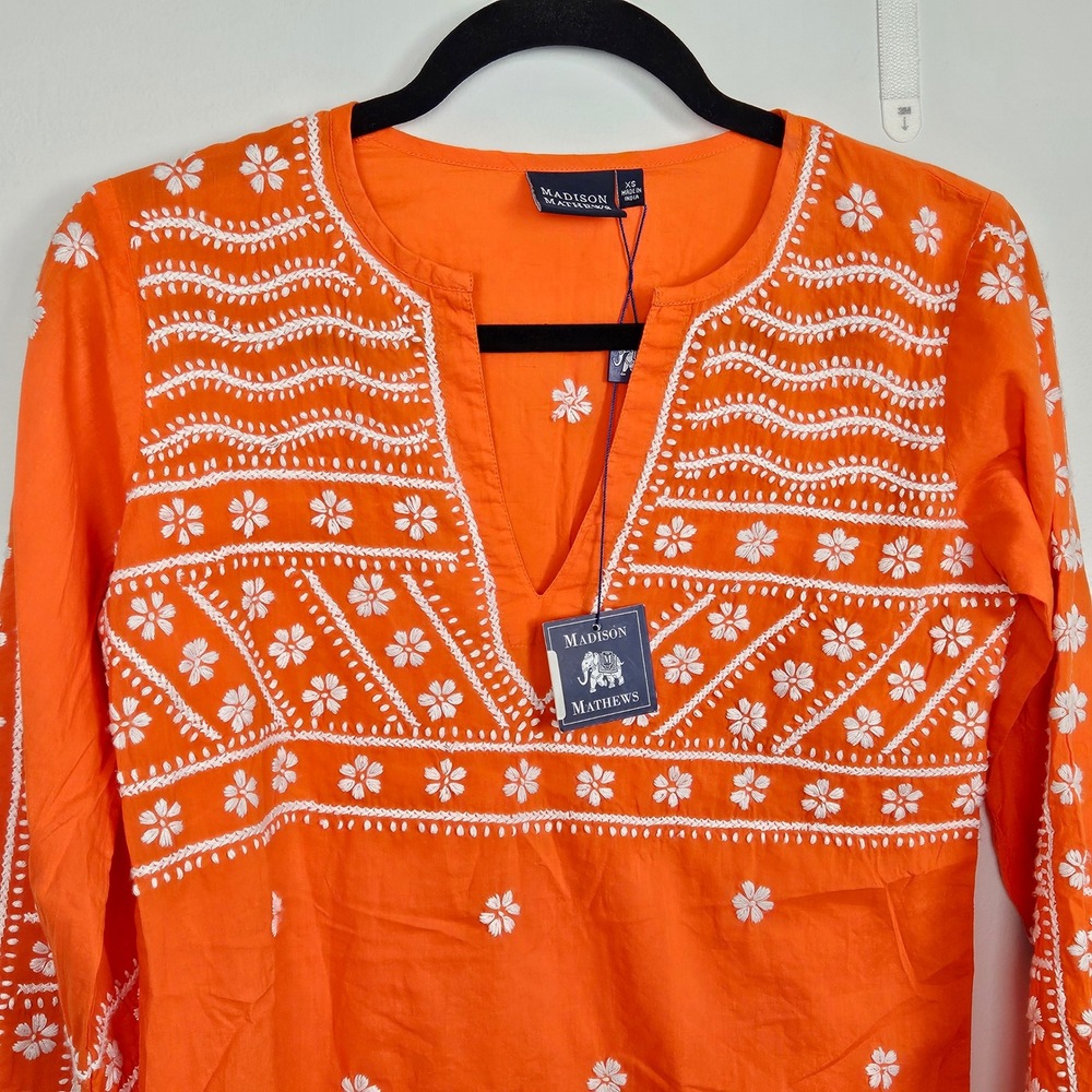 Madison Mathews Tunic Top Sz XS Orange White Floral Embroidered Cotton New - Picture 8 of 10